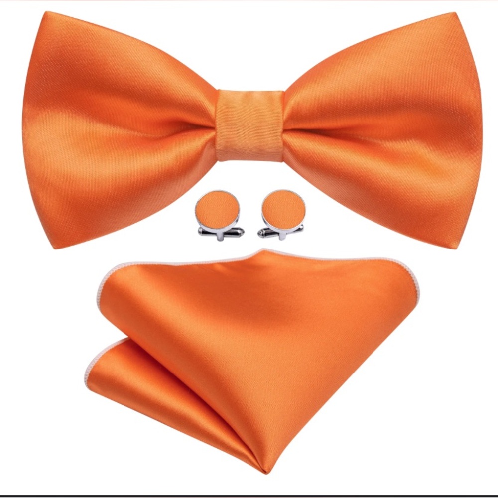 Gusleson fashion Orange Solid Silk Pre Tied Bow Tie Hanky Cufflinks Set - Picture 2 of 9